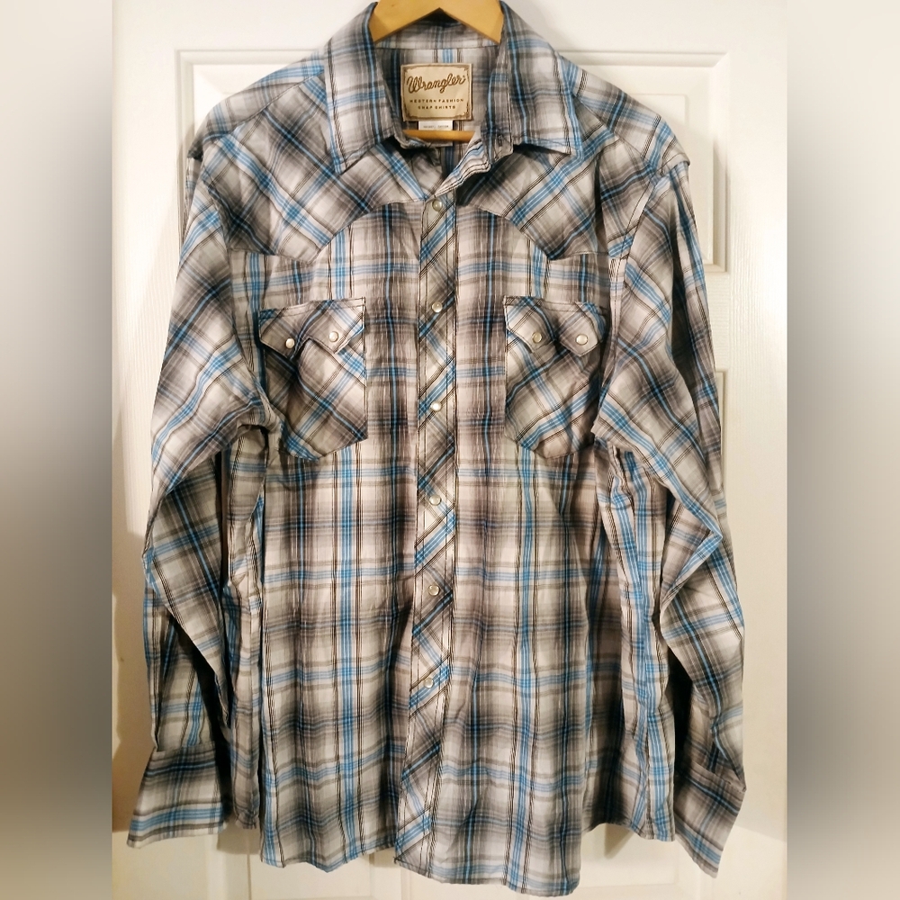 Wrangler Western Wear Men’s Size X-Large Pearl Snap Buttons Blue Plaid Cowboy